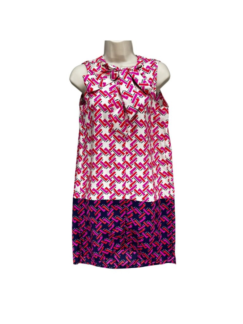 Julie Brown NYC Shift Dress Pink Purple Geometric Sleeveless Tie Neck Size 2